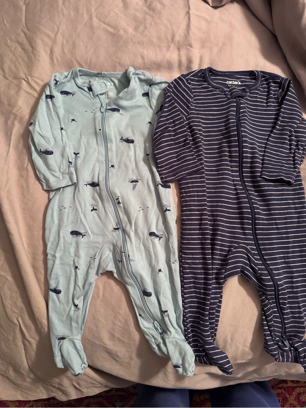 Carter's Light Blue Whale Print & Navy Stripe Zip Footed One-Pieces (Pair)